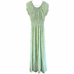 Kindred Anthropologie Green Floral Print Smocked Short Sleeve Cottage Maxi Dress